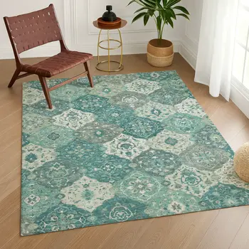5' X 8' Teal Blue And Ivory Floral Medallion Washable Indoor Outdoor Area Rug