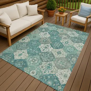 5' X 8' Teal Blue And Ivory Floral Medallion Washable Indoor Outdoor Area Rug