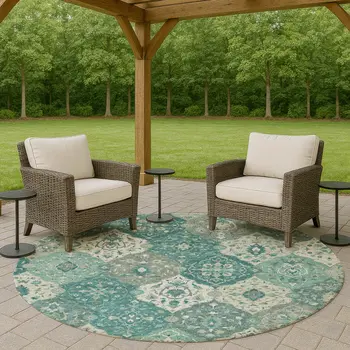 8' Teal Blue And Ivory Round Floral Medallion Washable Indoor Outdoor Area Rug