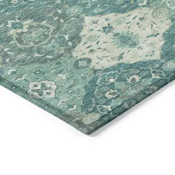 8' Teal Blue And Ivory Round Floral Medallion Washable Indoor Outdoor Area Rug