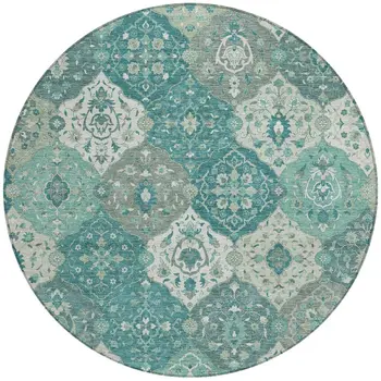 8' Teal Blue And Ivory Round Floral Medallion Washable Indoor Outdoor Area Rug