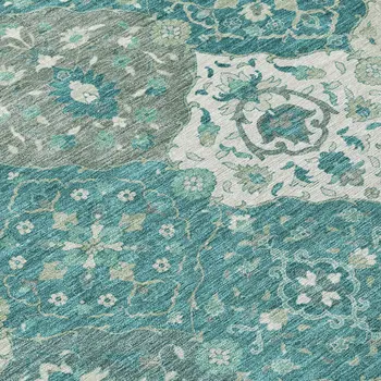 8' Teal Blue And Ivory Round Floral Medallion Washable Indoor Outdoor Area Rug