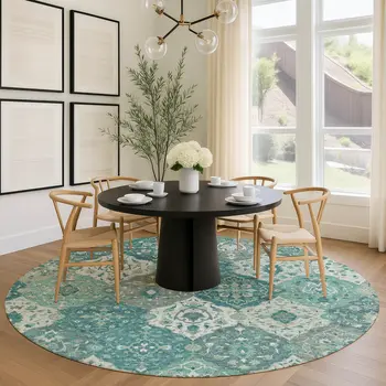8' Teal Blue And Ivory Round Floral Medallion Washable Indoor Outdoor Area Rug