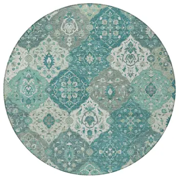 8' Teal Blue And Ivory Round Floral Medallion Washable Indoor Outdoor Area Rug