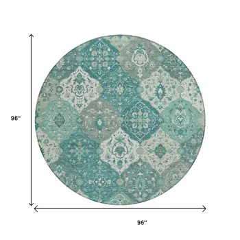 8' Teal Blue And Ivory Round Floral Medallion Washable Indoor Outdoor Area Rug
