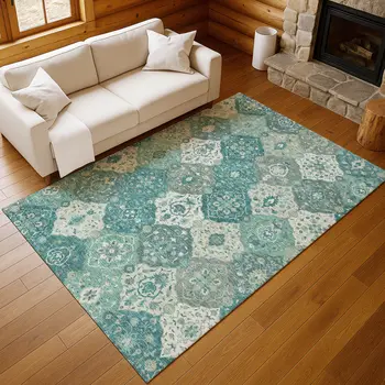 9' X 12' Teal Blue And Ivory Floral Medallion Washable Indoor Outdoor Area Rug