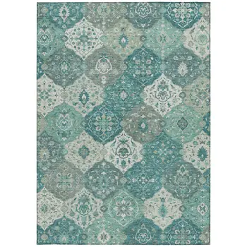 10' X 14' Teal Blue And Ivory Floral Medallion Washable Indoor Outdoor Area Rug