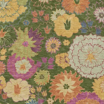 3' X 5' Artichoke Green Gold And Pink Floral Washable Indoor Outdoor Area Rug