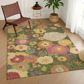3' X 5' Artichoke Green Gold And Pink Floral Washable Indoor Outdoor Area Rug