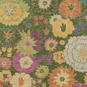 5' X 8' Artichoke Green Gold And Pink Floral Washable Indoor Outdoor Area Rug