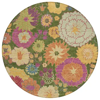 8' Artichoke Green Gold And Pink Round Floral Washable Indoor Outdoor Area Rug