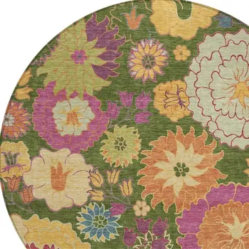 8' Artichoke Green Gold And Pink Round Floral Washable Indoor Outdoor Area Rug