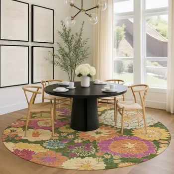 8' Artichoke Green Gold And Pink Round Floral Washable Indoor Outdoor Area Rug