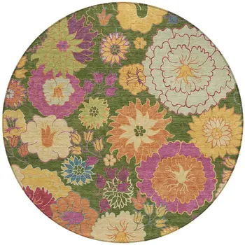 8' Artichoke Green Gold And Pink Round Floral Washable Indoor Outdoor Area Rug