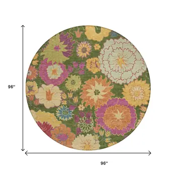 8' Artichoke Green Gold And Pink Round Floral Washable Indoor Outdoor Area Rug