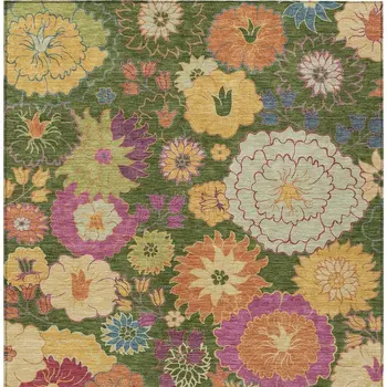 10' X 14' Artichoke Green Gold And Pink Floral Washable Indoor Outdoor Area Rug