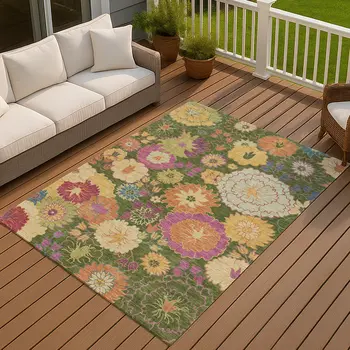 10' X 14' Artichoke Green Gold And Pink Floral Washable Indoor Outdoor Area Rug