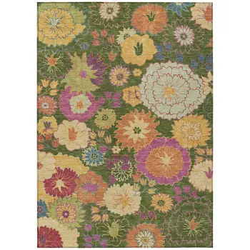 10' X 14' Artichoke Green Gold And Pink Floral Washable Indoor Outdoor Area Rug