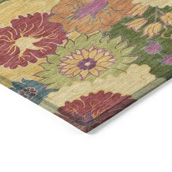 10' X 14' Artichoke Green Gold And Pink Floral Washable Indoor Outdoor Area Rug