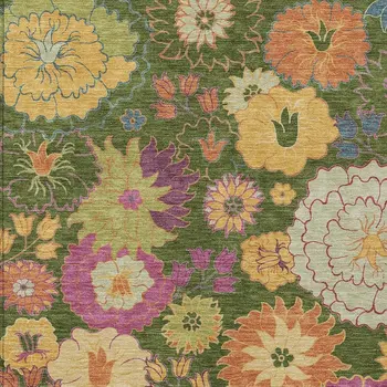 10' X 14' Artichoke Green Gold And Pink Floral Washable Indoor Outdoor Area Rug