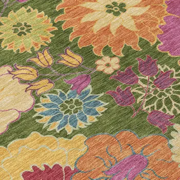 10' X 14' Artichoke Green Gold And Pink Floral Washable Indoor Outdoor Area Rug