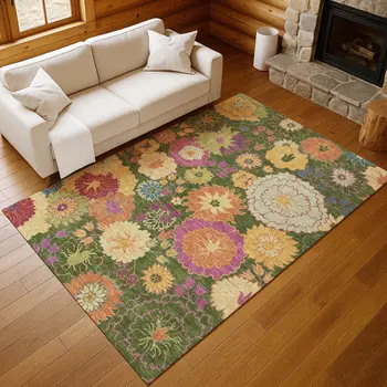 10' X 14' Artichoke Green Gold And Pink Floral Washable Indoor Outdoor Area Rug