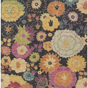 5' X 8' Black Gold And Pink Floral Washable Indoor Outdoor Area Rug