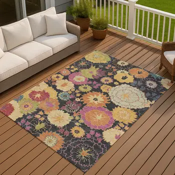 5' X 8' Black Gold And Pink Floral Washable Indoor Outdoor Area Rug