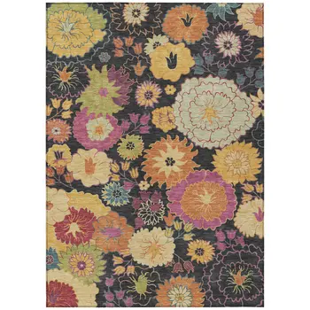 5' X 8' Black Gold And Pink Floral Washable Indoor Outdoor Area Rug