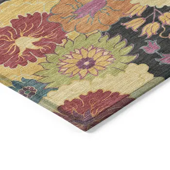5' X 8' Black Gold And Pink Floral Washable Indoor Outdoor Area Rug