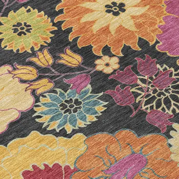 5' X 8' Black Gold And Pink Floral Washable Indoor Outdoor Area Rug