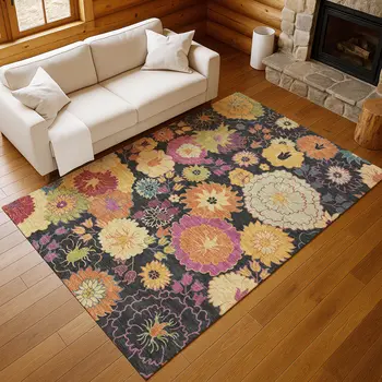 5' X 8' Black Gold And Pink Floral Washable Indoor Outdoor Area Rug