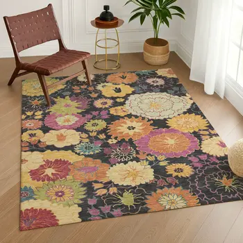 5' X 8' Black Gold And Pink Floral Washable Indoor Outdoor Area Rug
