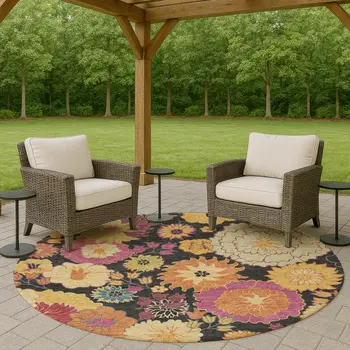 8' Black Gold And Pink Round Floral Washable Indoor Outdoor Area Rug