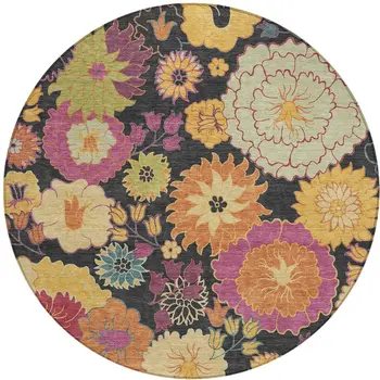 8' Black Gold And Pink Round Floral Washable Indoor Outdoor Area Rug