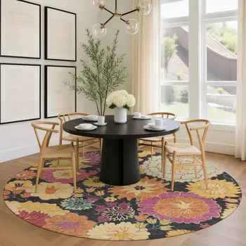 8' Black Gold And Pink Round Floral Washable Indoor Outdoor Area Rug