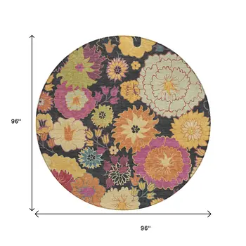 8' Black Gold And Pink Round Floral Washable Indoor Outdoor Area Rug