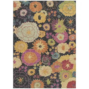 8' X 10' Black Gold And Pink Floral Washable Indoor Outdoor Area Rug
