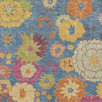 5' X 8' Blue Gold And Pink Floral Washable Indoor Outdoor Area Rug