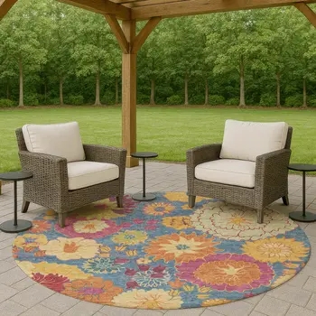 8' Blue Gold And Pink Round Floral Washable Indoor Outdoor Area Rug