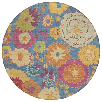 8' Blue Gold And Pink Round Floral Washable Indoor Outdoor Area Rug
