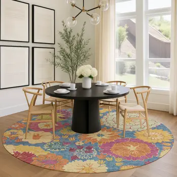8' Blue Gold And Pink Round Floral Washable Indoor Outdoor Area Rug