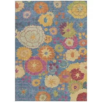9' X 12' Blue Gold And Pink Floral Washable Indoor Outdoor Area Rug