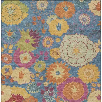 9' X 12' Blue Gold And Pink Floral Washable Indoor Outdoor Area Rug