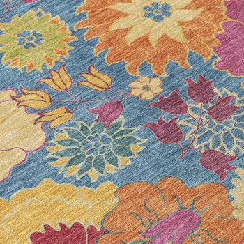 9' X 12' Blue Gold And Pink Floral Washable Indoor Outdoor Area Rug