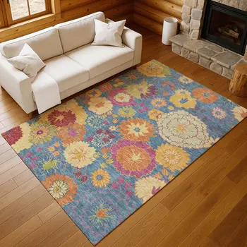 9' X 12' Blue Gold And Pink Floral Washable Indoor Outdoor Area Rug