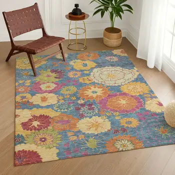 9' X 12' Blue Gold And Pink Floral Washable Indoor Outdoor Area Rug