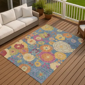 10' X 14' Blue Gold And Pink Floral Washable Indoor Outdoor Area Rug