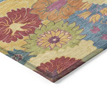 10' X 14' Blue Gold And Pink Floral Washable Indoor Outdoor Area Rug