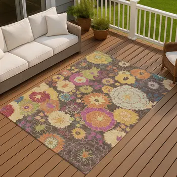 5' X 8' Chocolate Gold And Pink Floral Washable Indoor Outdoor Area Rug